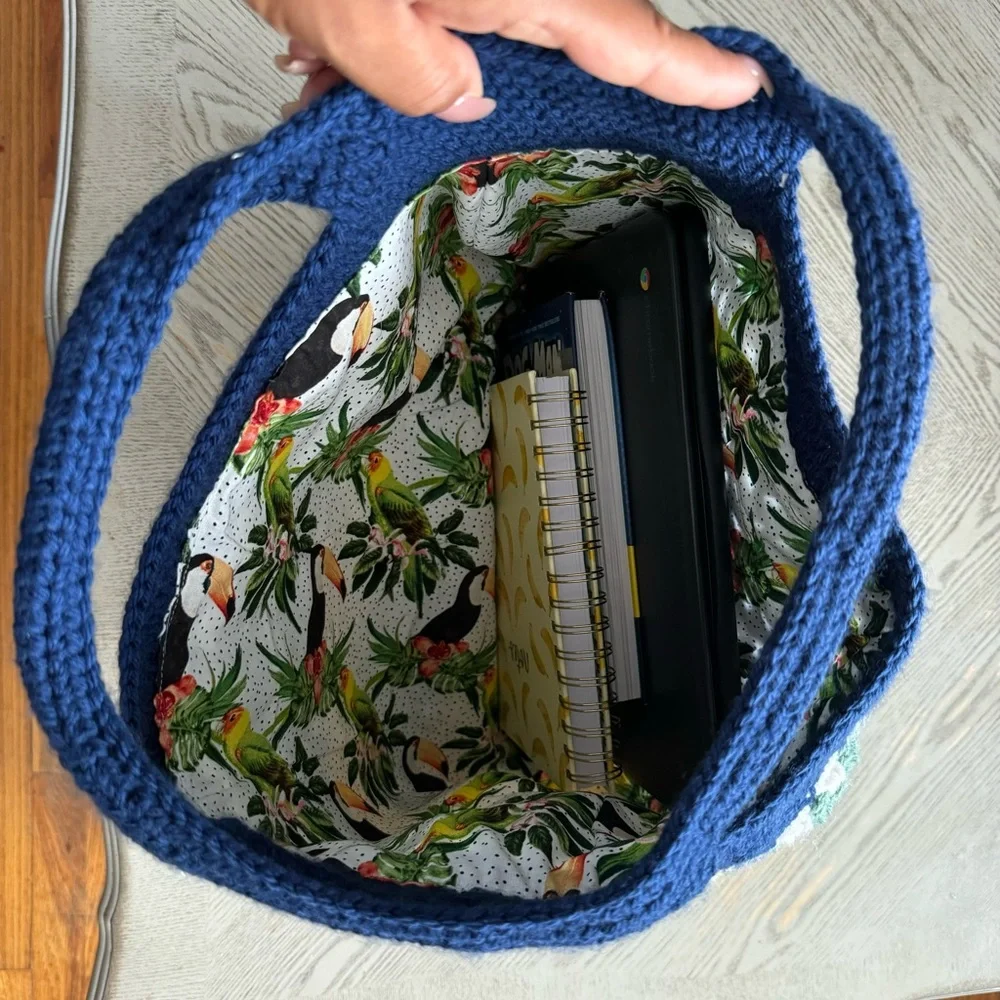 Handmade Crochet Tote Bag Boho Multicolor Lined Shoulder Bag - Picture 3 of 5